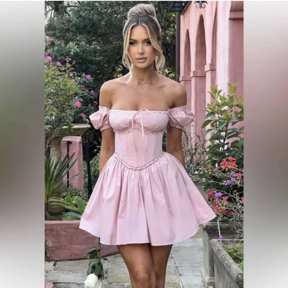 Chic Off-Shoulder Pink Mini Dress Baby Boo
